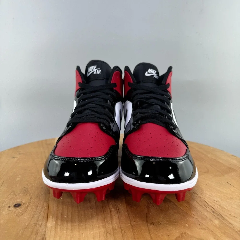 Nike Air Jordan 1 Mid TD Mens Size 9 Patent Bred Toe Football‎ Cleats Red Black